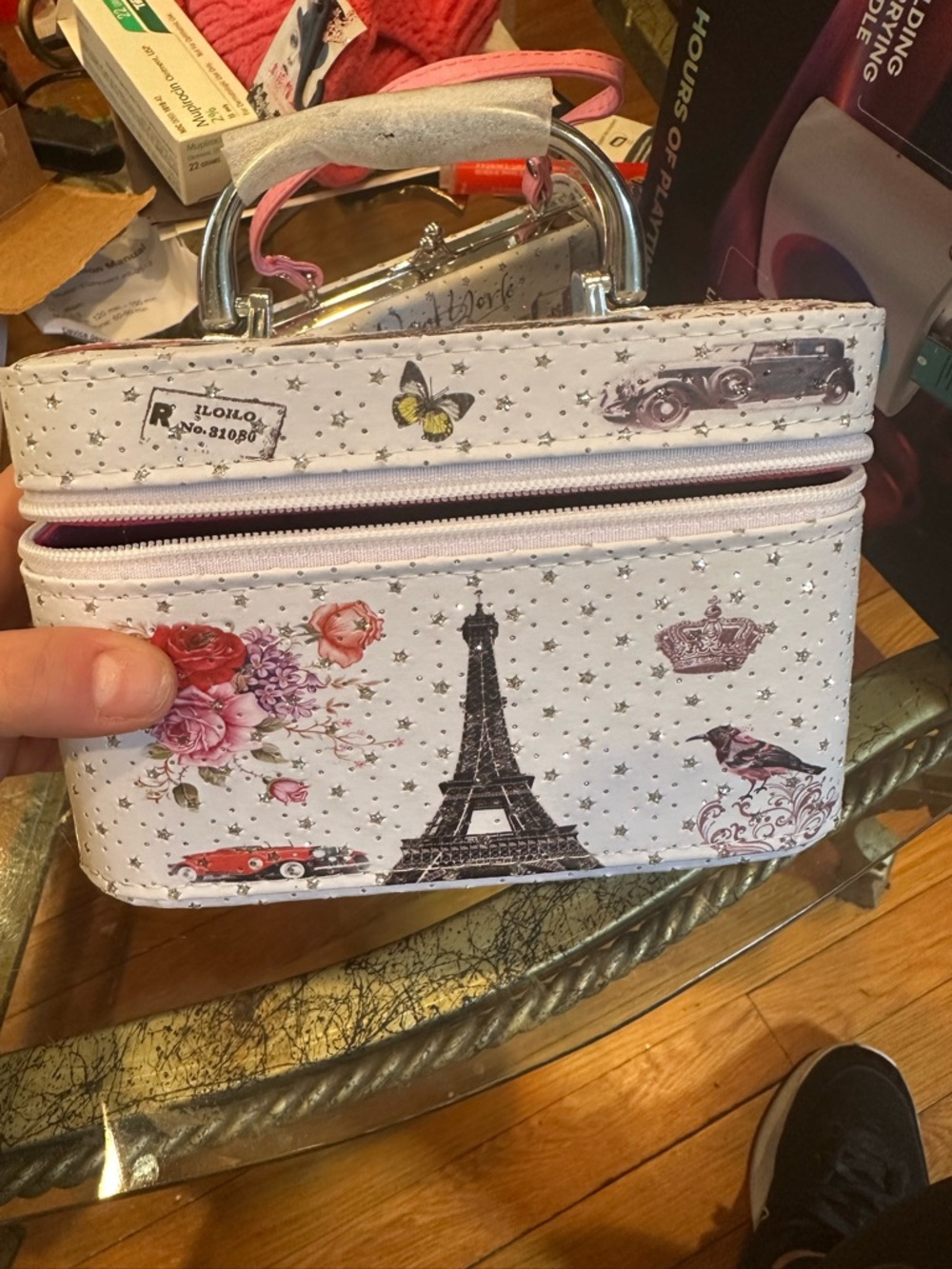 Paris Print White Women's Top-Handle Cosmetic Bag